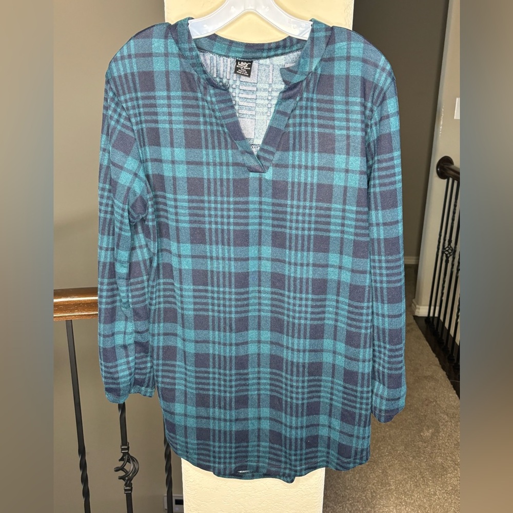 Lildy Plaid Button Sleeve Tunic Size XL Fall Winter Spring Office Work Modest
